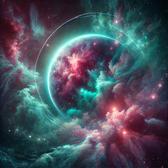 “Vibrant Galactic Scene with Nebulas and Glowing Planet