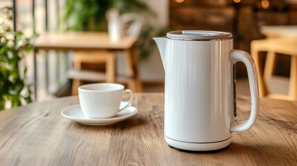 Obraz premium A white electric kettle on a wooden table. This image can be used to illustrate an article about home appliances, kitchen supplies, or hot beverages.
