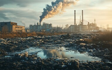 A large industrial complex releases smoke into the air, polluting the environment.