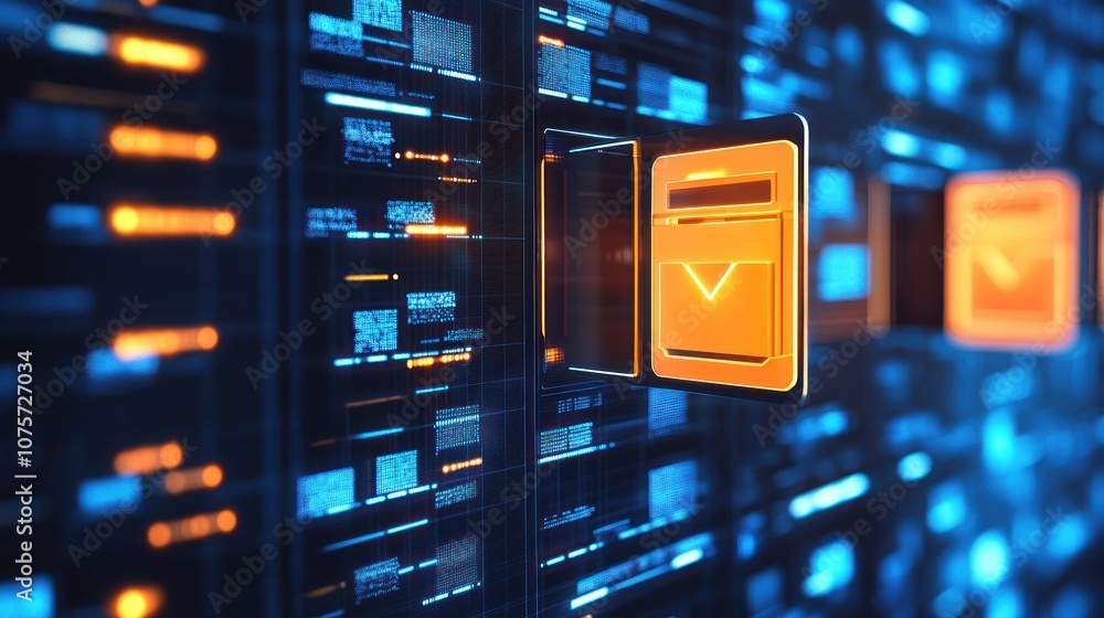 Poster digital interface with glowing mail icons, representing communication technology.