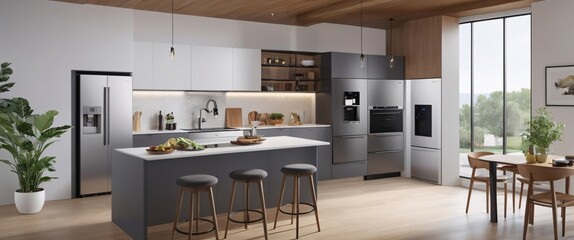 Showcase the power of the Internet of Things with a visually stunning image of a smart home filled with various connected devices and appliances AI, such as smart refrigerators, coffee makers