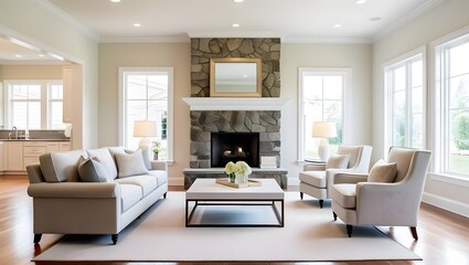 Fototapeta premium Home interior with sofa and armchairs, coffee table and fireplace near window 