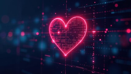 Digital heart symbol on a dark background. Concept of love, technology, and connections in a digital age. For Valentine's Day, medical technology, relationship visuals with copy space