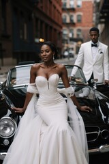 A beautiful bride poses by a vintage convertible as the groom stands nearby, exuding elegance