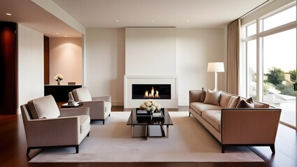 Home interior with sofa and armchairs, coffee table and fireplace near window 
