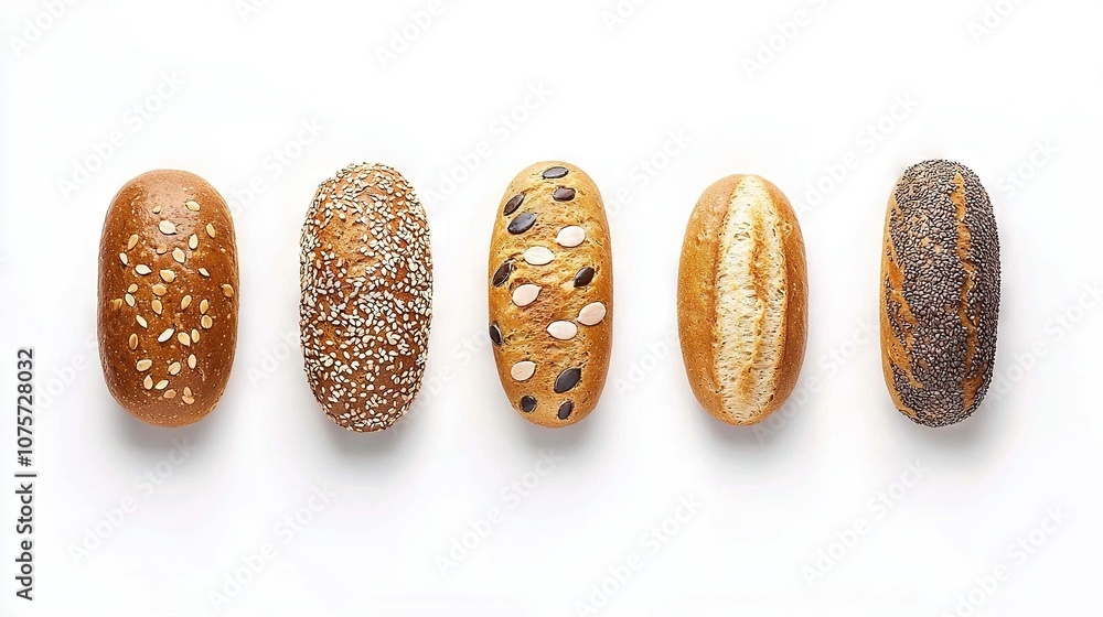 Poster five different breads aligned in a row on a white background