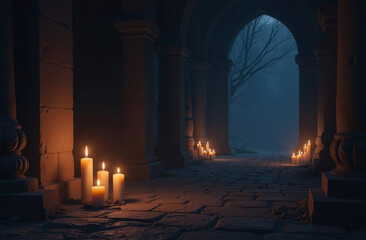 Fototapeta premium A dimly lit stone corridor with candles, surrounded by dark ancient walls and a foggy atmosphere