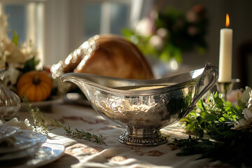 silver gravy boat with roasted turkey on festive table