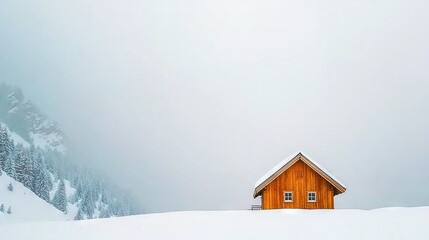  A cozy wooden cabin perched atop a snowy slope, nestled beside a majestic snow-capped mountain