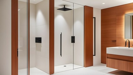 Fototapeta premium Elegant bathroom design with wooden accents and modern fixtures 