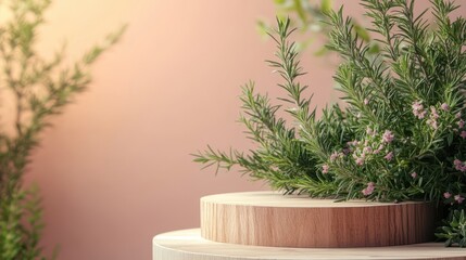 Wooden podium with rosemary plant. Perfect for product display, advertisement, or presentation.