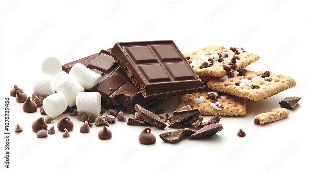 Poster a stack of chocolate and marshmallows adjacent to a chocolate bar and a mound of marshmallows