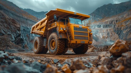 A large yellow dump truck drives on a dirt road in a quarry.