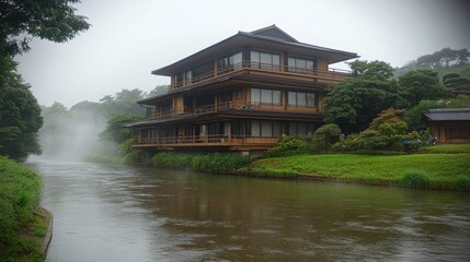 Obraz premium Traditional Japanese wooden house with a river in the foreground.