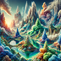 Surreal Fantasy Landscape with Vibrant Mountains and Ethereal Lake