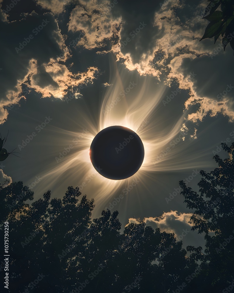 Poster a solar eclipse with rays of light peeking through clouds, framed by trees.