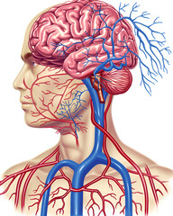 3D illustration of human brain anatomy and head with detailed brain structure on isolated white background.