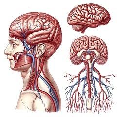 3D illustration of human brain anatomy and head with detailed brain structure on isolated white background.