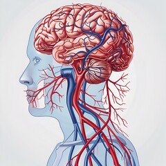 3D illustration of human brain anatomy and head with detailed brain structure on isolated white background.