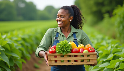Happy Farmer Holding a Wooden Crate Full of Fresh Vegetables