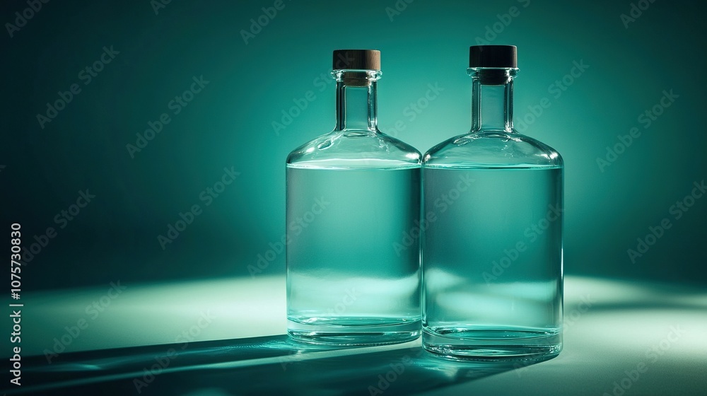 Poster a pair of bottles rest atop a table, casting a shadow on the floor below