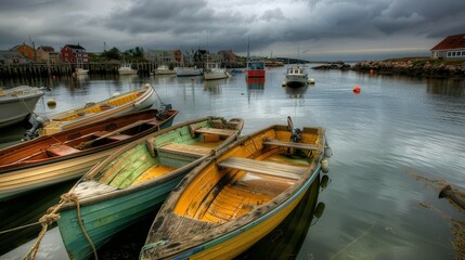 Obraz premium Three Boats Docked in a Calm Harbor with a Cloudy Sky