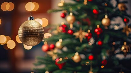 Obraz premium Christmas Tree with Glowing Lights and Snow-Covered Branches with Bokeh Effect