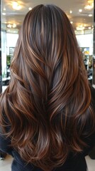   A woman with long, wavy hair reflects on herself in a mirror at a salon