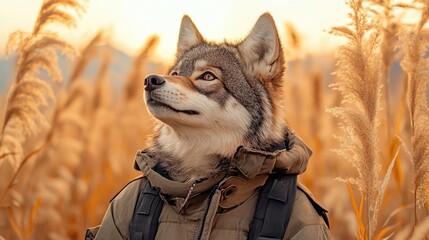 Teen imitating a wolf in scenic open field landscape