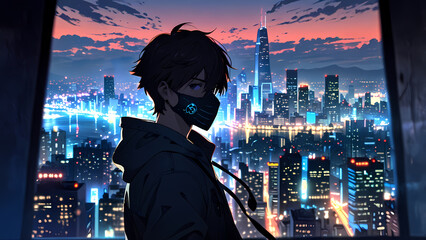 An anime boy in a futuristic mask stands by a window, overlooking a vibrant, neon-lit cyberpunk city at sunset, with tall skyscrapers dominating the skyline