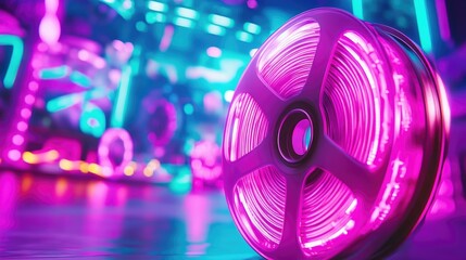 Fototapeta premium Neon film reel in futuristic chaos setting for creative media and technology design