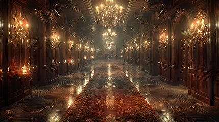 A long, dark hallway in a grand mansion with a red carpet leading to a shadowy figure at the end.  Candles and chandeliers cast warm light on the polished wood and marble floors.