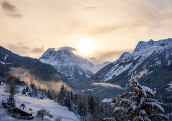 Stunning winter landscape of snowy Alps with mountain view