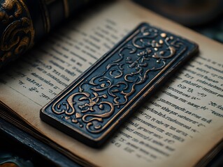 Fototapeta premium A decorative bookmark rests on an open book, showcasing intricate designs and textures.