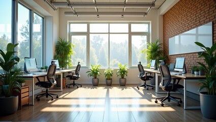 Modern office interior with computers, desks, chairs, and plants in sunlight. Spacious, clean design. Generative, AI,