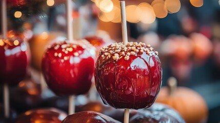 Caramel apples on sticks with nuts. Perfect image for a blog post or website about autumn treats.