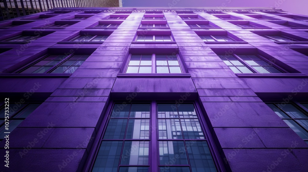 Poster a low-angle view of a tall building with many windows, bathed in a purple light. the building is mad