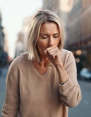 Woman Coughing on Street, Indicating Illness or Respiratory Condition