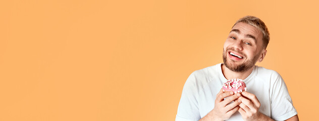 Sweet tooth man happy eat donut, free space