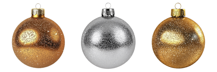 Collection of 3 golden and silver christmas ornaments isolated on transparent background