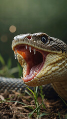 Obraz premium Close-Up of Snake Head in Natural Habitat. Detailed close-up of a snake's head with textured scales and intense eyes, set in a natural outdoor environment. 