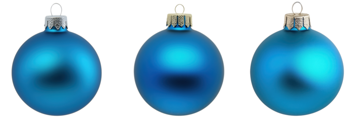 Collection of 3 blue christmas ornaments isolated on transparent background