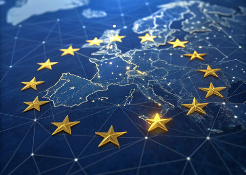 European Union flag and map digital constellation networks, connectivity, and data integration with network lines
