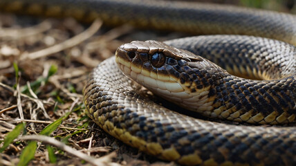 Obraz premium Close-Up of Snake Head in Natural Habitat. Detailed close-up of a snake's head with textured scales and intense eyes, set in a natural outdoor environment. 