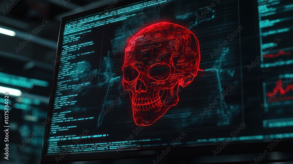 Poster a digital display showing a red skull overlaying code and data visualizations.