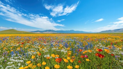 Fototapeta premium Field of flowers with mountains in the background