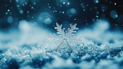 Fototapeta premium snow falling on blurred bokeh blue background, winter wallpaper, christmas background, new year, snowflakes, frost, xmas, copyspace, place for text, horizontal illustration
