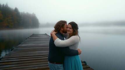 Fototapeta premium Couple embraces on a misty dock overlooking a serene lake during a tranquil morning in autumn