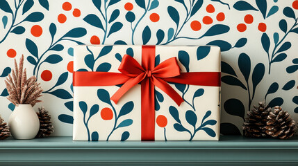 Obraz premium A beautifully wrapped gift sits on a shelf against a floral-themed wallpaper, adorned with red bows and surrounded by decorative items.