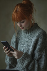 Naklejka premium Young Woman Enjoying Casual Moments Indoors, Engaging with Her Smartphone for Communication and Relaxation in a Cozy Setting